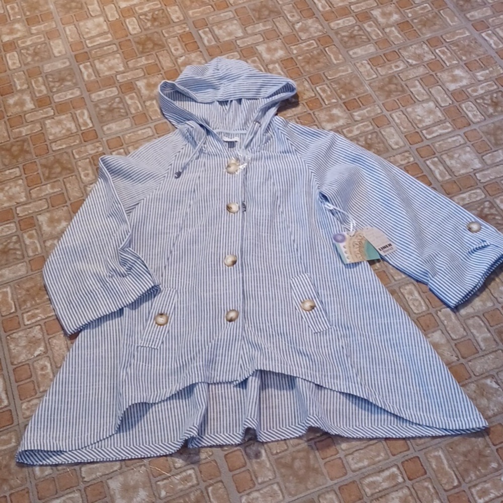 SIGRID Olsen linen blend top women's size medium blue and white striped